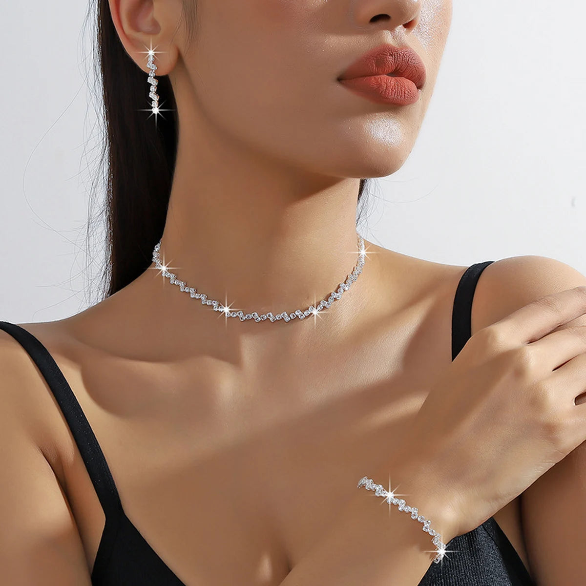 Shiny Silver Collarbone Chain Necklace and Bracelet – Starry Sky Jewelry Set