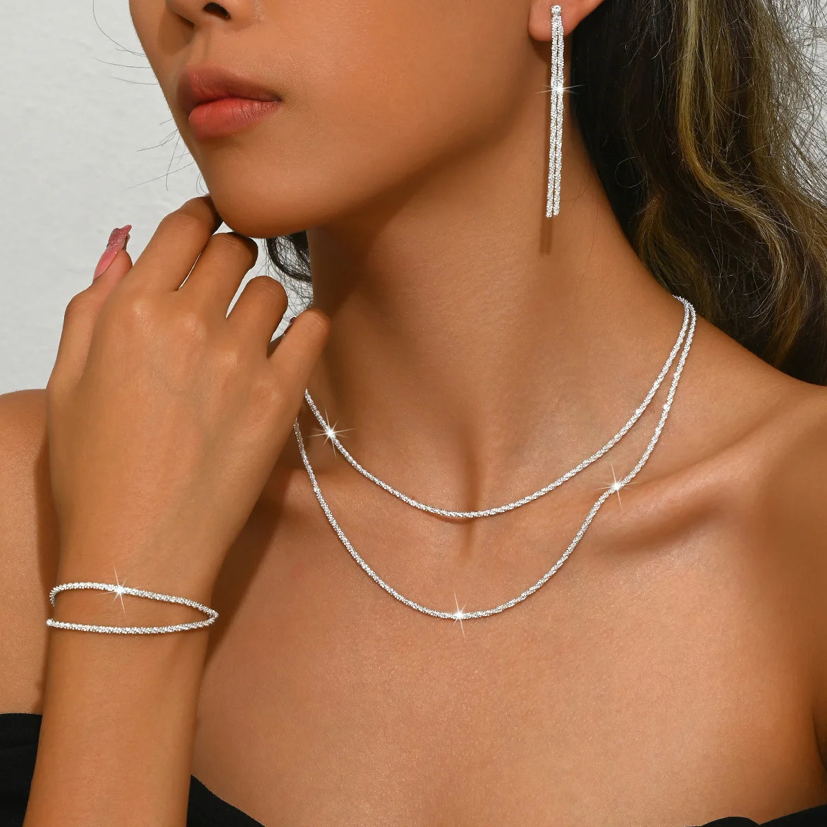 Shiny Silver Collarbone Chain Necklace and Bracelet – Starry Sky Jewelry Set