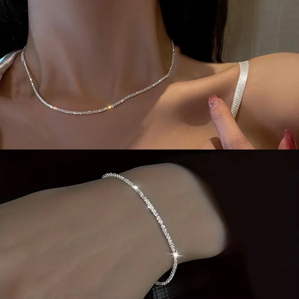Shiny Silver Collarbone Chain Necklace and Bracelet – Starry Sky Jewelry Set