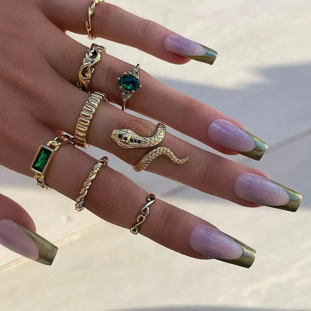 Fashionable 8-Piece Snake Twist Ring Set with Rhinestone Inlay