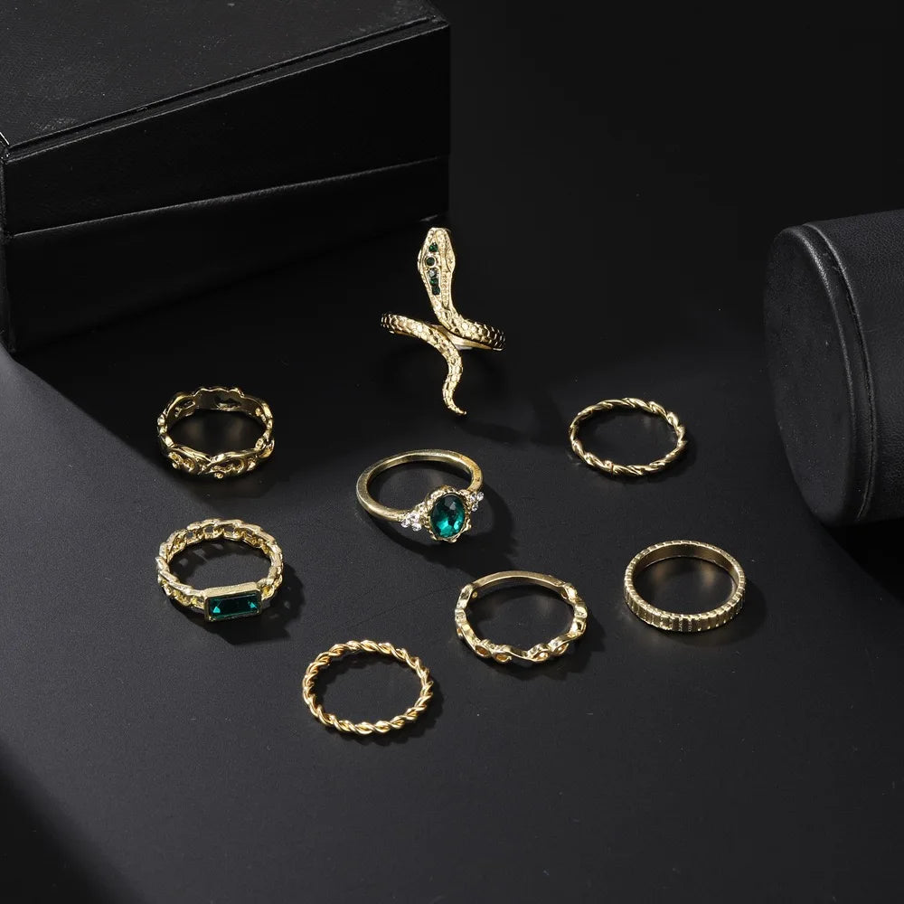 Fashionable 8-Piece Snake Twist Ring Set with Rhinestone Inlay